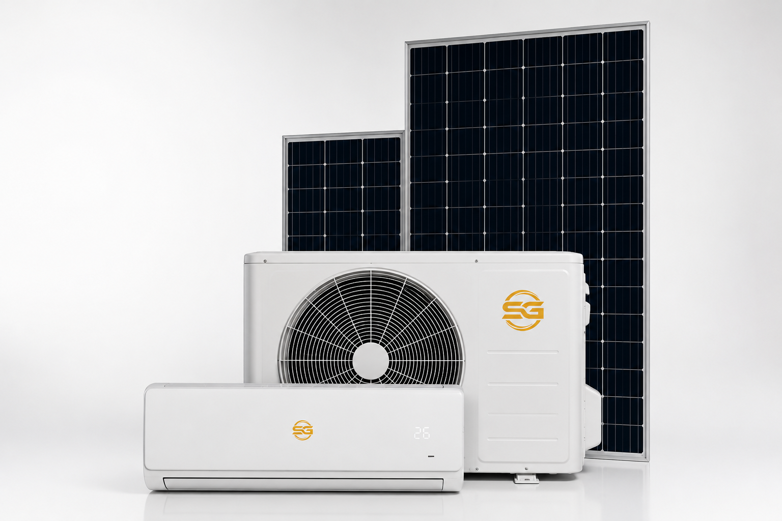 SANATAN Solar Air Conditioner with indoor unit, outdoor unit, and solar panels